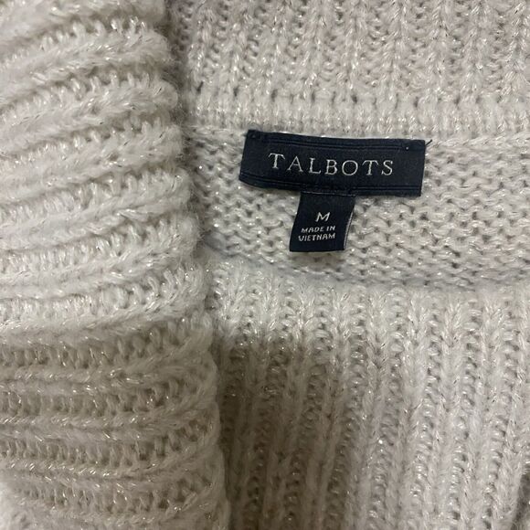 Talbots Alpaca Wool Blend Cable Knit‎ Sweater Sz M Cream Metallic Cowl Neck NOTE - Picture 6 of 9